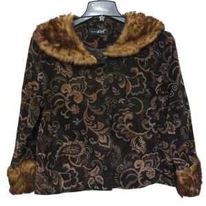 Vintage 90s Y2K Black Rivet Women Brown Paisley Jacket Size Large Faux Fur Trim